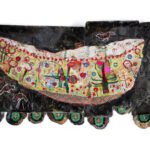 The Patient Labor of Peace_acrylic, oil stick, textiles, yarn, thread, beads, sequins, bottlecaps_32x54.5_collage_