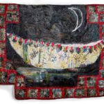 Where We Gathered_acrylic, oil stick, vintage wallpaper, textiles, thread, yarn, bottle caps, 40x50_collage