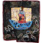 To Hear and Carry, acrylic, vintage wallpaper, textiles, yarn, collage, 42x34