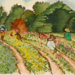 Girls_Picking_Flowers_ 2017_Oils_&_Carbon_on_ Oleo_paper_22_x_14.75_© _Julie_Castillo_2023