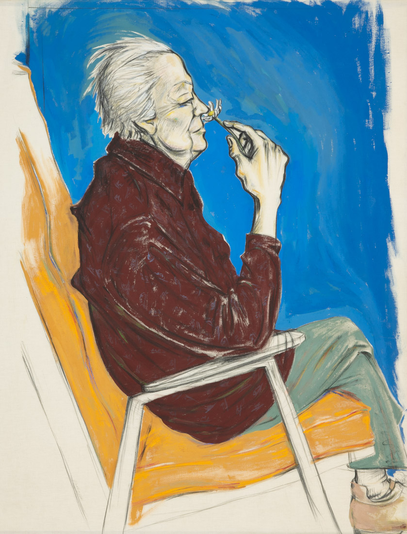 Peaceful_Grandma_ Smelling_the_Daisy_1994_ Gouache_and_Nupastel_on_raw_canvas_54%22x42%22_©Julie_Castillo_2023