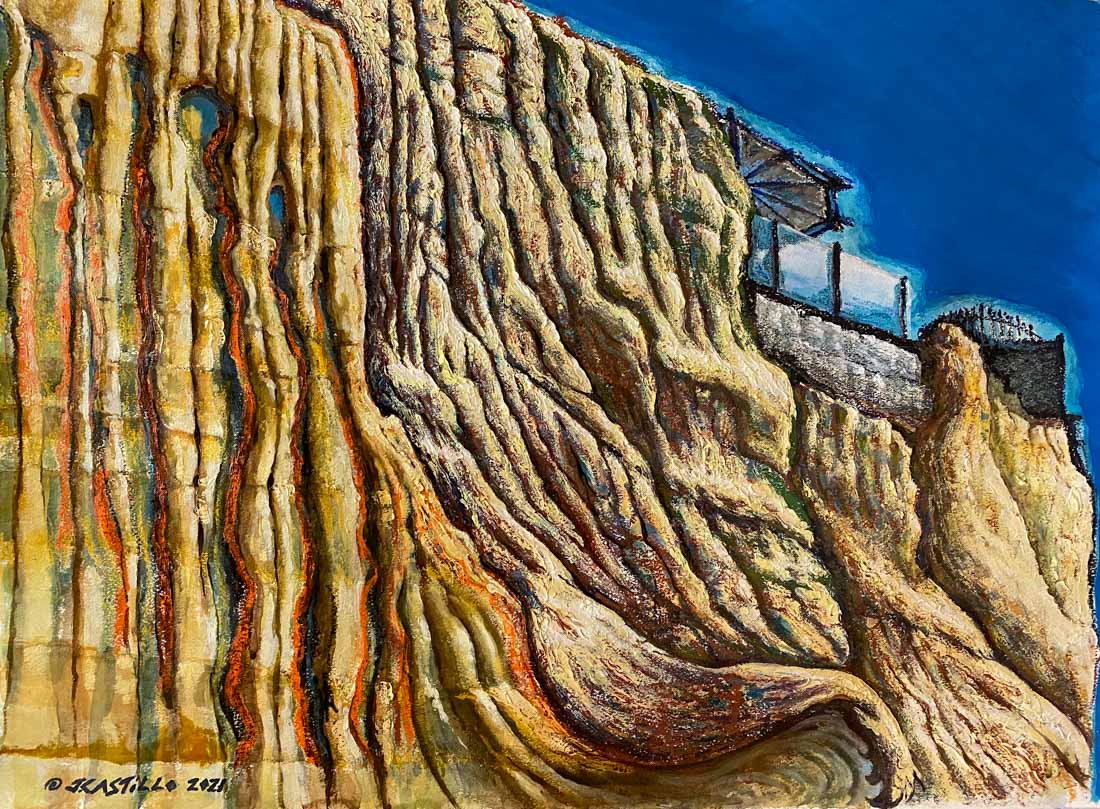 Trails_of_Tears_in_Sandstone_Cliffs_2021_Oils_Watercolors_Oil_Pastels_Gouache_on_Oleo_Paper_22x29.75_©Julie_Castillo_2023
