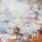 Okumura, Jennifer Jean 'Landscape waltzing around cultural boundaries with beliefs and travel' 2023, oils on canvas, 48x48 inches