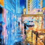 Adamczyk Lily City Blues Oil 18x24x1 painting 900.00