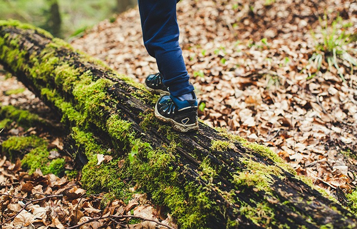 feet of child walking on mossy log