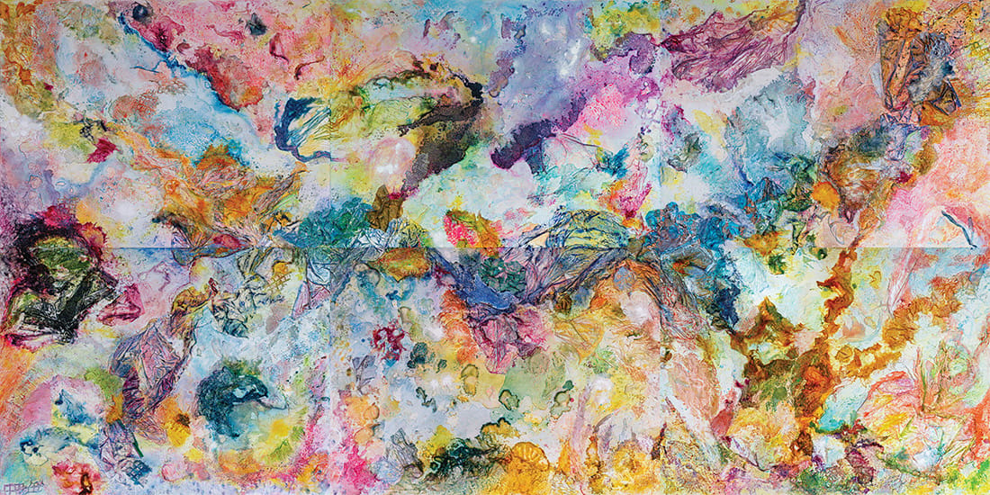Krutick_Jill_TheCoralReef1-6_AcrylicAndOilWithPaperPlasticStringOnCanvas_72x144x222_MixedMedia_18000